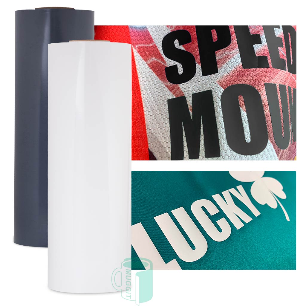 Silicone heat transfer vinyl Black & White . Similar to brick with soft, elastic matte finish, for personalizing sportswear, athletics and performance fabrics