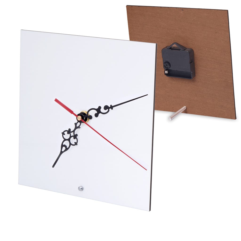 Clock Coated Hardboard Square with mechanism and metal stand, making it a perfect addition to any desk, shelf, or mantel. Size: 200 x 200mm. Semi-gloss finish.