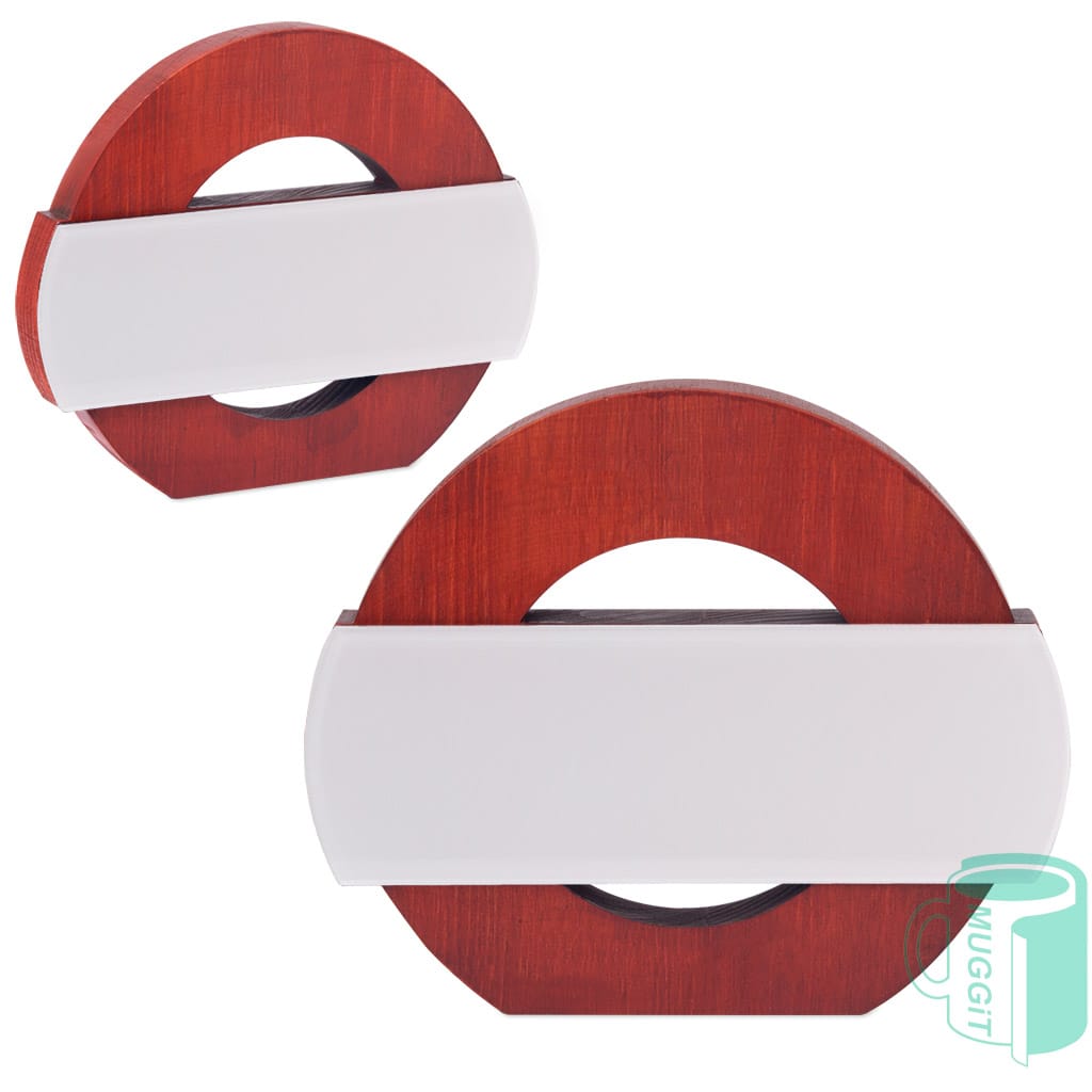 3D-Sublimation-Trophy-DotDash 3D Trophy Dot Dash Wood with Sublimer Circular wooden shape and a printable sublimer 2-Tone dash across the middle of the circle. Sublimation only 200 x 169mm