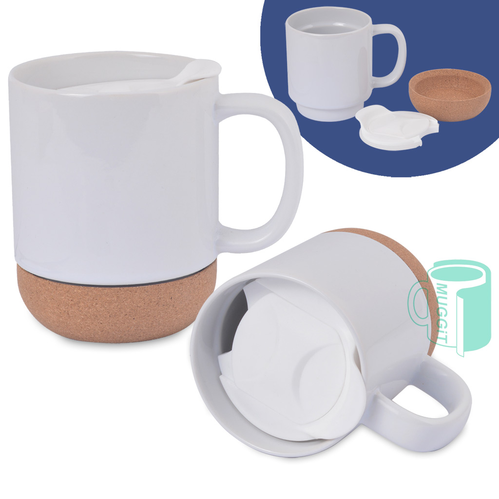 Mug-White-With-Cork-Base... Ceramic White Mug with cork base, Sienna cork type ceramic mug 340ml with a removable cork base and lid with thumb slide. Sublimation & Laser.
