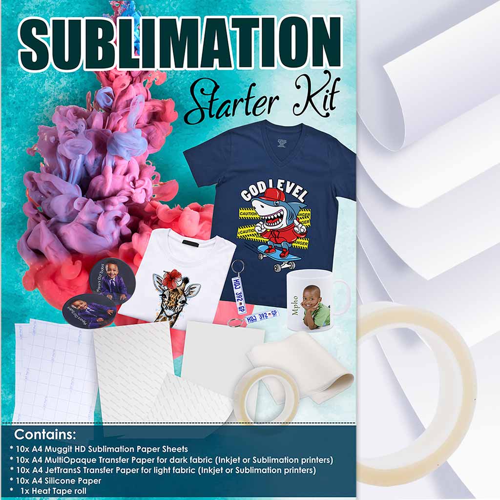 Sublimation-Starter-Kit Sublimation Beginners Starter Kit includes a pack of TP Sub Muggit HD A4-10, TP MultiOpaque A4-10, TP JettransS A4-10, TP Silicone Paper A4-10 and 1 Heat Tape.
