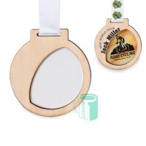 3D Medal Round Clam Bamboo and Sublimer - 5 Pack Muggit, round with synthetic bamboo front, 2-tone sublimer back 78 x 84mm, includes Satin Lanyard