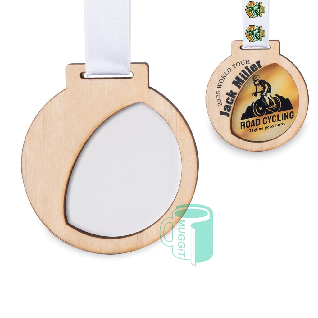 3D-Medal-Round-Clam-5 3D Medal Round Clam Bamboo and Sublimer - 5 Pack Muggit, round with synthetic bamboo front, 2-tone sublimer back 78 x 84mm, includes Satin Lanyard