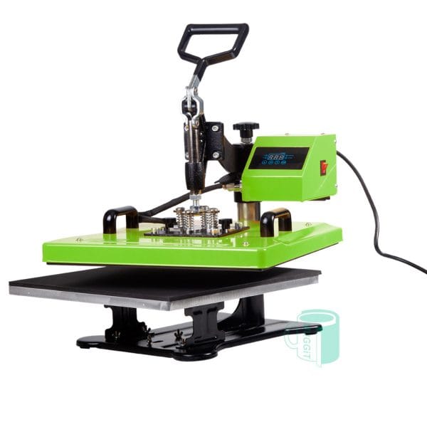 Muggit swing away flat T-shirt press 38x38cm, you can buy the Cap, mug & plate attachment separately. 2 year warranty on the T-shirt element. Press-2020-8-in-1-Basic