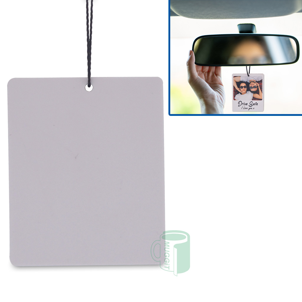 Car Mirror ornament - Sublimer Lite 63 x 75mm. Both sides printable. Spray with Muggit laser coating after printing for enhanced UV protection. Pack of 5.