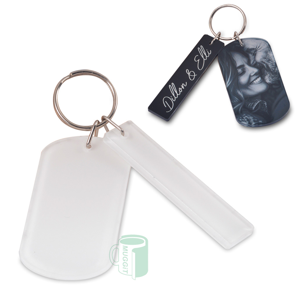 Keyring 2Tone Sublimer Duo 65 x 36mm and 66.4x16mm (2 keyrings in 1). For sublimation only. For best results use the TP Sub Muggit HD paper. Pack of 5.