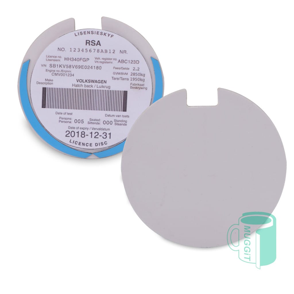 License Disc Holder - Sublimer Lite (90mm) Includes d/s tape. Pack of 5. For best results use Sub Muggt HD paper For UV protection spray with Muggit Laser spray