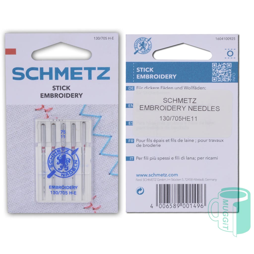 Embroidery needles by Schmetz has a medium ball point, enlarged eye, and wide groove. The needle protects fast moving, fragile threads against excess friction