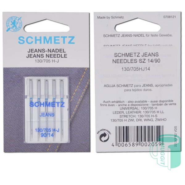 Jeans Needles Schmetz SZ 1490. Jeans needle for thick woven fabrics, denims and quilts, minimum deflection, reduced breakage, use with Brother Machines.