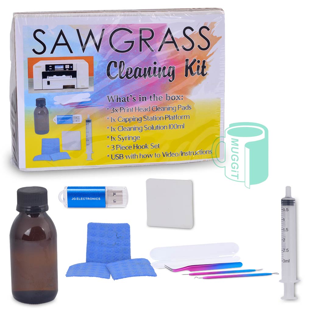 Sawgrass DIY Cleaning Kit 1 x 100ml Cleaning Solution, 3 x print head cleaning pads,1 x Syringe (needle not included), 1 x Hook Set, 1 x Capping Station Platform and 1 x USB Drive with Instructions.