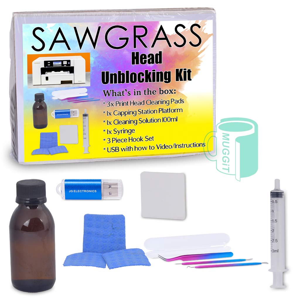 Head Unblocking Kit Sawgrass at home DIY unblocking solution for sublimation printer. 100ml Cleaning Solution, 3 x print head cleaning pads, Syringe no needle, Hook Set, Capping Station Platform, USB Instruction Drive
