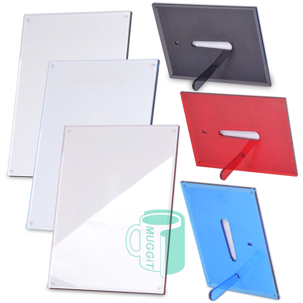 Acrylic-PhotoFrame-Magnetic-Main Photo Frame Acrylic Magnetic with stand in red, blue or black. Size is 147 x 198mm. The image is held in place magnetically, photopaper with a regular inkjet