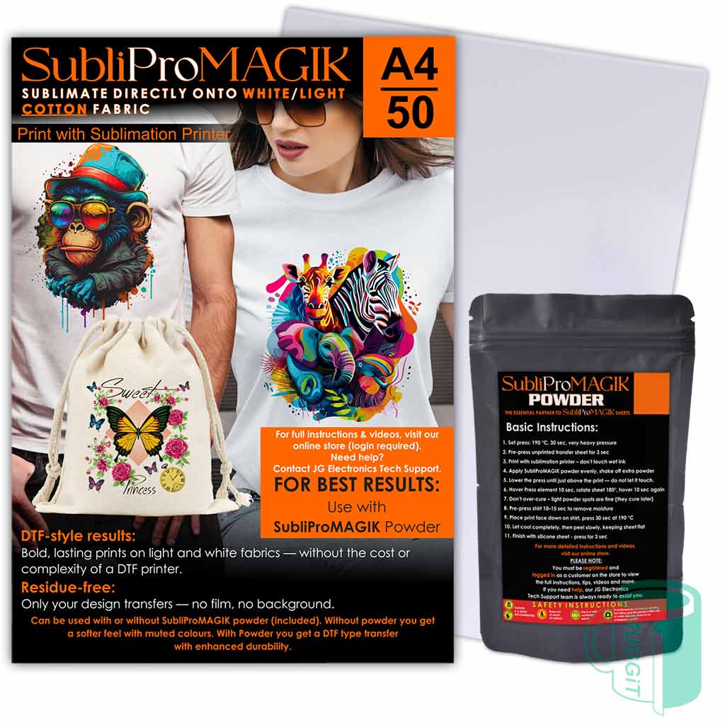 TP-SubliProMAGIK-A4-50 .. Transfer Paper SubliProMAGIK A4 50 sheets for cotton fabrics. DTF type results without a DTF printer. Includes a pack of fusing powder and silicone paper.