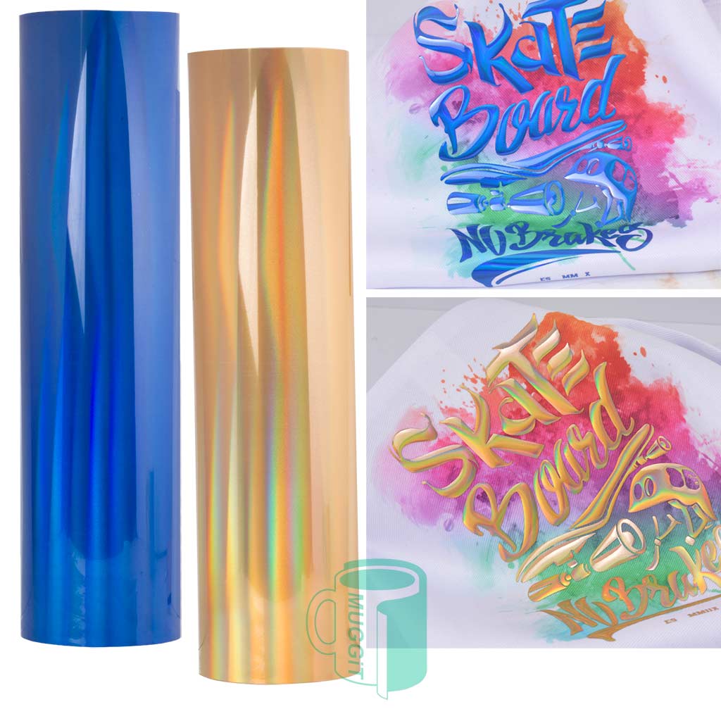 Heat Transfer Vinyl 3D Spectrum Holographic Flex in Gold or Royal Blue Colours Perfect when combined with a sublimation print. Sold per running meter 140 micron