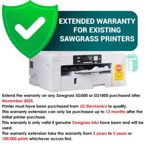 Extended Warranty for Sawgrass SG1000 A3 Printer . This extends the warranty to 3 years / 100,000 prints from date of purchase. It can only be taken up within 1st year of printer purchase
