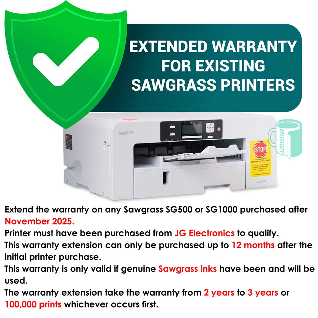 Extended Warranty for Sawgrass SG1000 A3 Printer . This extends the warranty to 3 years / 100,000 prints from date of purchase. It can only be taken up within 1st year of printer purchase
