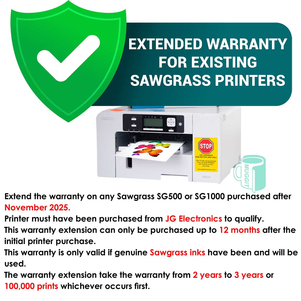 Extended warranty for Sawgrass SG500 A4 printer. This extends the warranty to 3 years / 100,000 prints from date of purchase. It can only be taken up within 1st year of printer purchase.