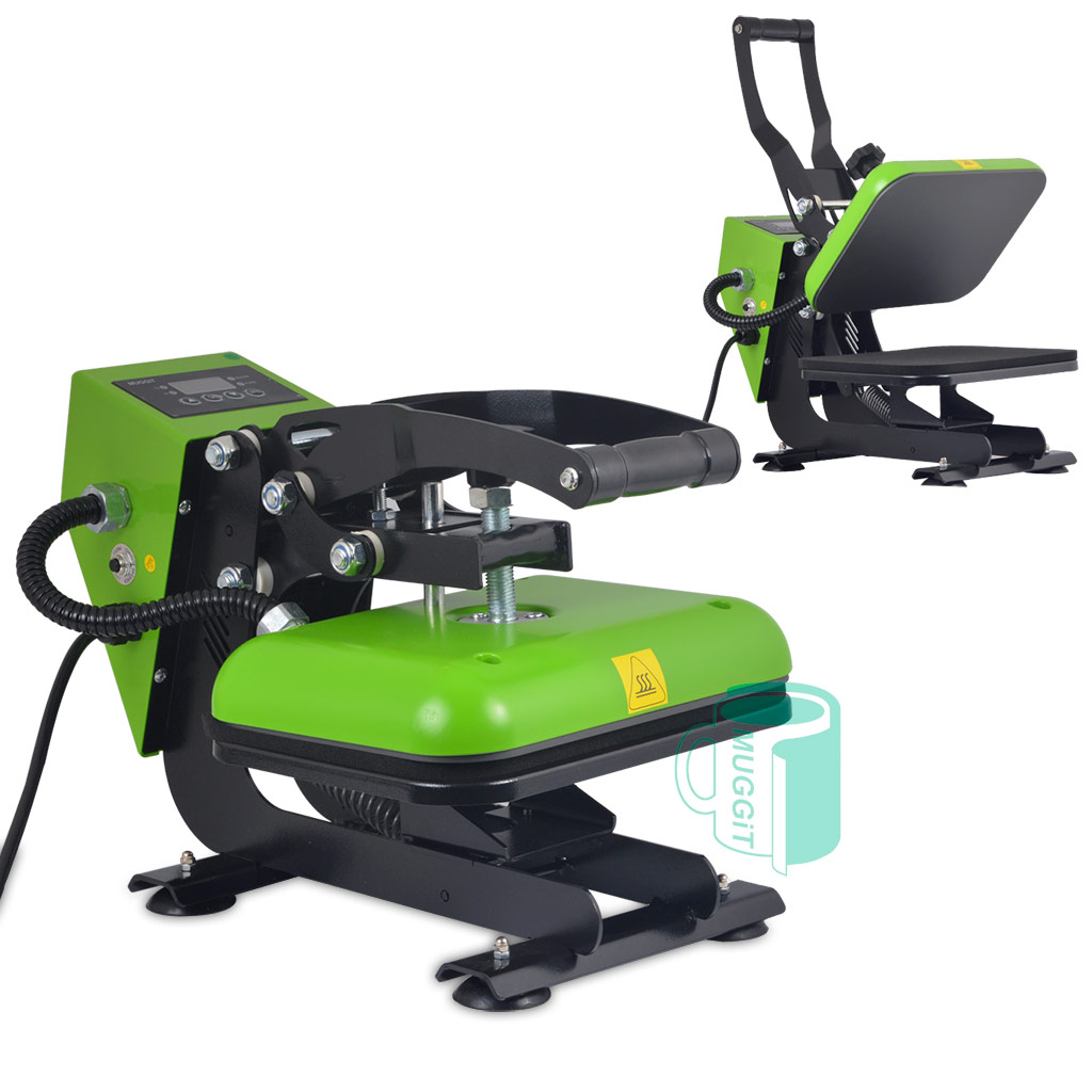Clamshell Flat Heat Press Muggit A4 manually adjustable pressure and digitally adjustable temperature and time, space-saving press for precision and performance