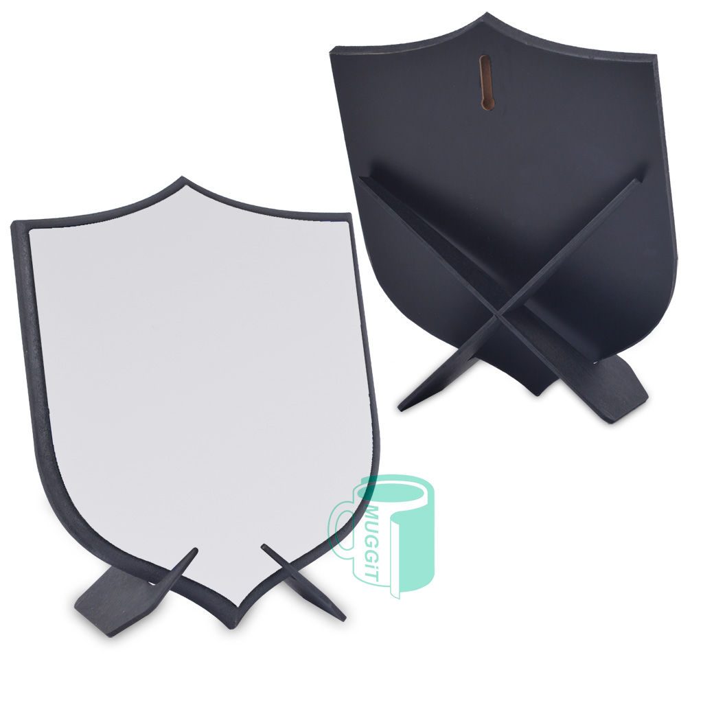 Shield Shape Wood Plaque 16mm 16mm thick Unisub hardboard Shield shape wood plaque on Stand or to hang (197 x 255mm). Coated for sublimation only.