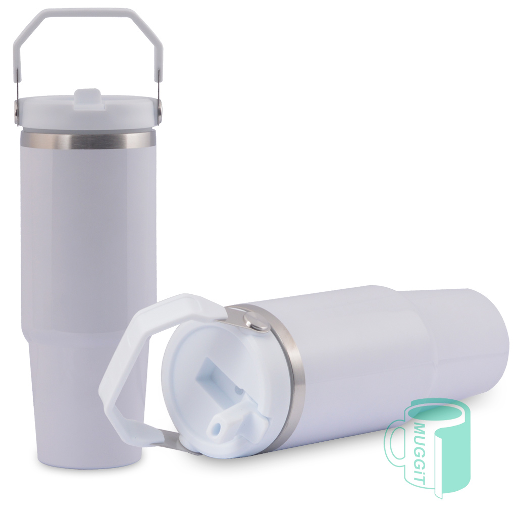 Stainless Steel Tumbler 30oz Carry Handle Stainless Steel double-wall tumbler 30oz with carry handle and flip up straw in leakproof lid. For Sublimation only.