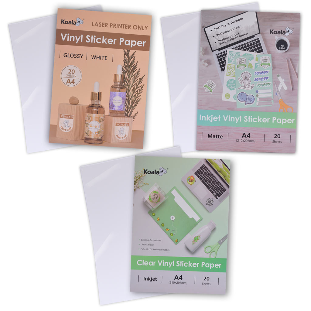 Sticker Paper KOALA White and Clear sticker paper for Inkjet and Laser printer Pack of 20 sheets