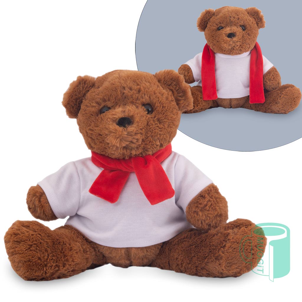 Teddy Bear Plush 25cm Winter Plush dark brown Teddy Bear - 25.5cm (seated) - with scarf and mini printable shirt. For use with Sublimation, Inkjet & Laser.
