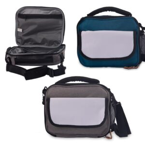Cooler Bag Lunch Box in Blue with comfort handle, shoulder strap, side drink mesh pocket, inner mesh pocket with zip, front pocket, printable flap 21 x 27 x 7cm