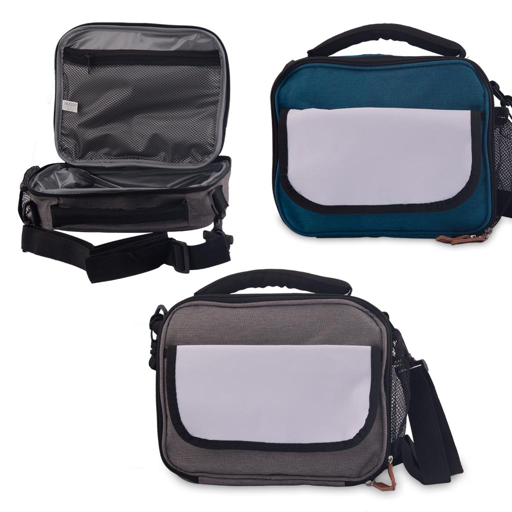 Cooler Bag Lunch Box in Blue with comfort handle, shoulder strap, side drink mesh pocket, inner mesh pocket with zip, front pocket, printable flap 21 x 27 x 7cm